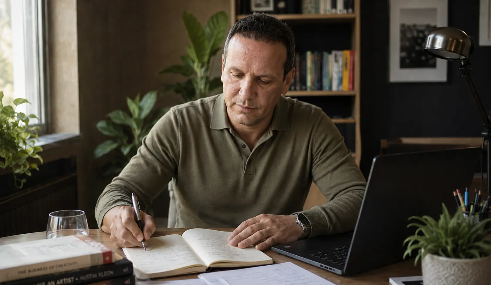 Mehmet Başaran working on research and writing